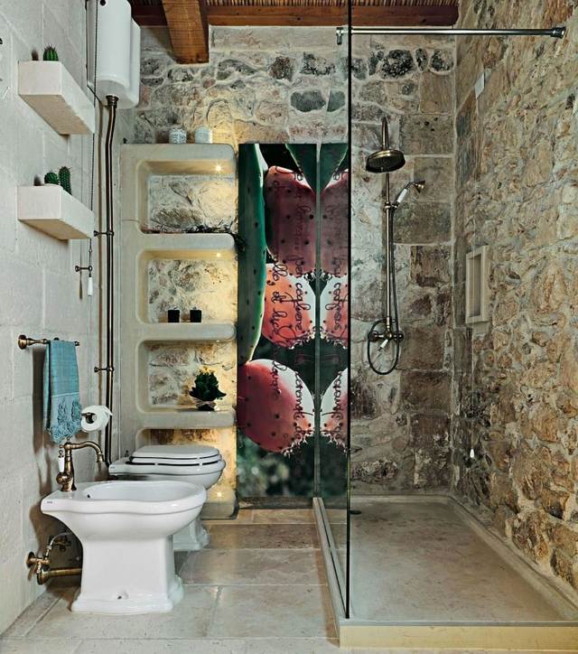 ambiance rustique spa toilettes bain cabine pierre