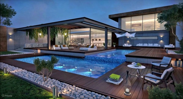 Terrasse et piscine entourent la maison en verre espace large