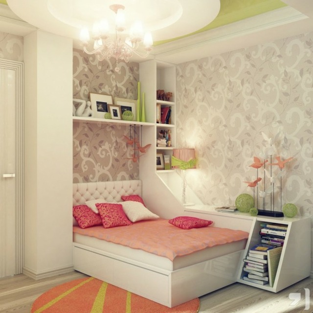 ameublement chambre fille lit blanc rose papier peint