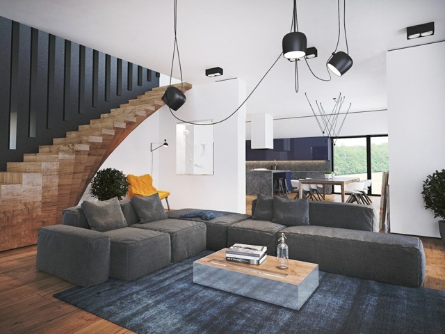 Appartement design où toutes les couleurs ont sens escalier salon meubles