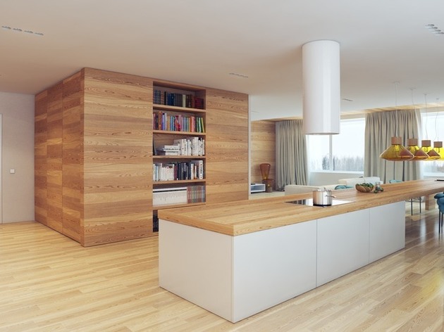 appartement f2 moderne bois parquet 3D bibliotheque cuisine