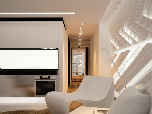 appartement futuriste corridor meubles blancs