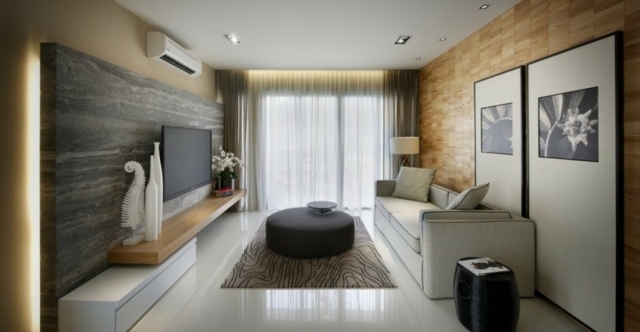 appartement luxe moderne sejour tele mur pierre eclairage