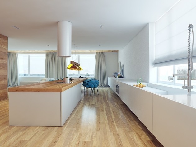 appartement moderne architecture bois blanc cuisine douchette robinet