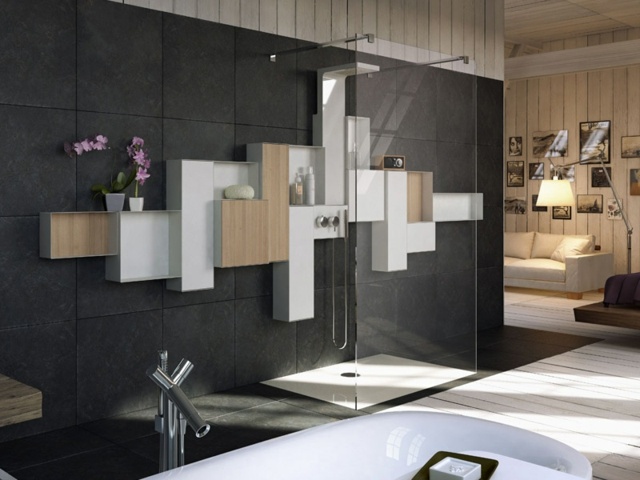 Armoire de salle de bain asymétrique couleurs blanc beige niveaux