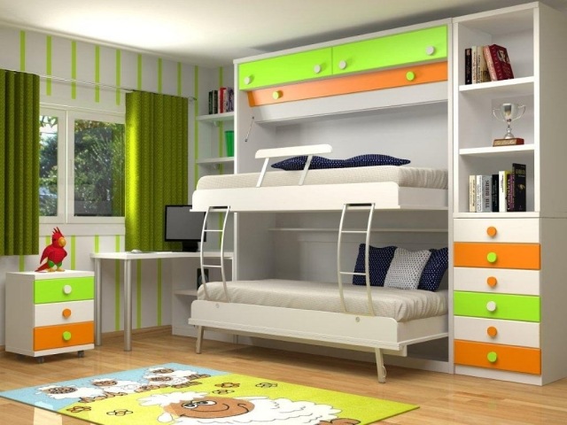armoire-chambre-enfant-vert-clair-orange-lits-encastrés armoire chambre enfant
