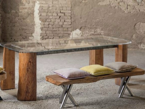 banc bois massif table surface verre