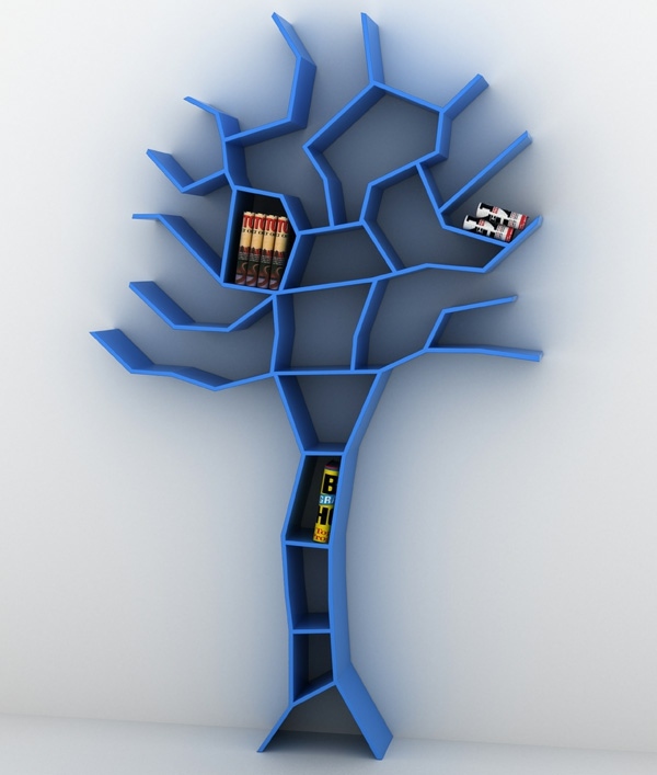 bibliothèque forme arbre bleue
