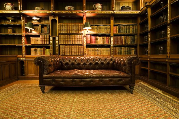bibliothèque de luxe ambiance tamisée canapé cuir capitonné
