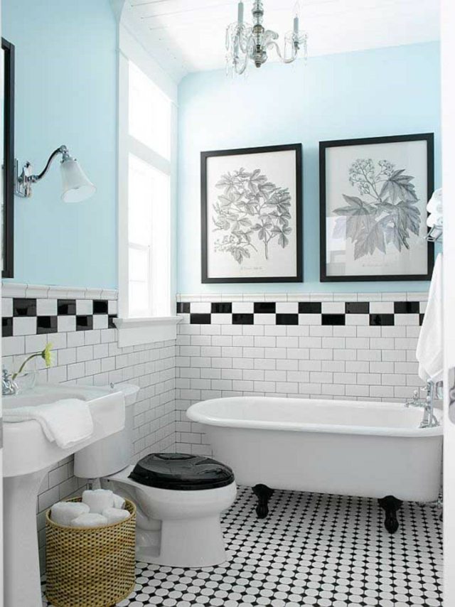 Carrelage ancien en noir et blanc murs couleurs bleu Tiffany  classique retro