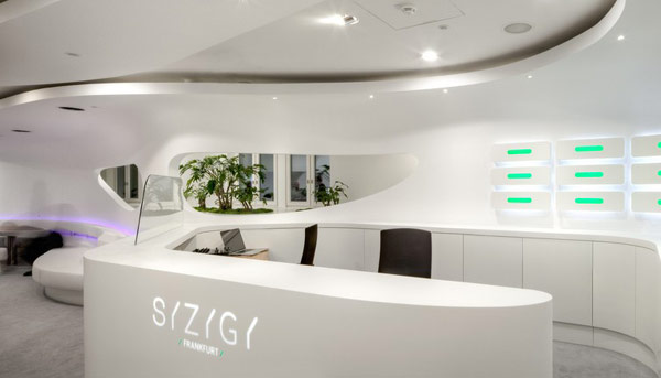 bureau design comptoir accueil syzygy lumière blanc forme libre