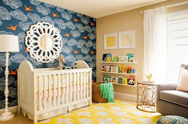 bébé chambre bleu jaune papier peint hirondelle