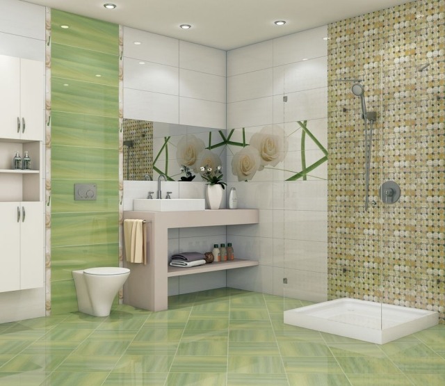 carrelage-salle-bains-mosaïque-murale-beige-blanc-vert-clair-roses carrelage salle de bains
