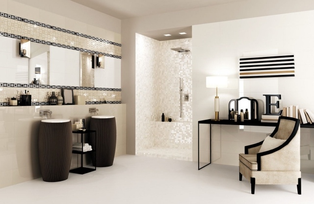 carrelage-salle-bains-mosaïque-murale-blanche-brillante-élégante-vasques-originaux carrelage salle de bains