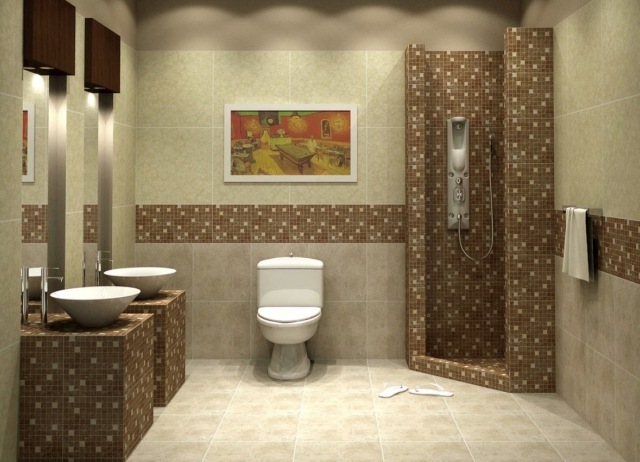 carrelage-salle-bains-mosaïque-murale-couleur-cappuccino-blanc-idée-élégante-vasques-blancs-forme-originale carrelage salle de bains