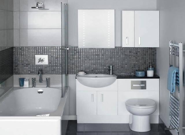 carrelage-salle-bains-mosaïque-murale-gris-foncé-mobilier-blanc carrelage salle de bains