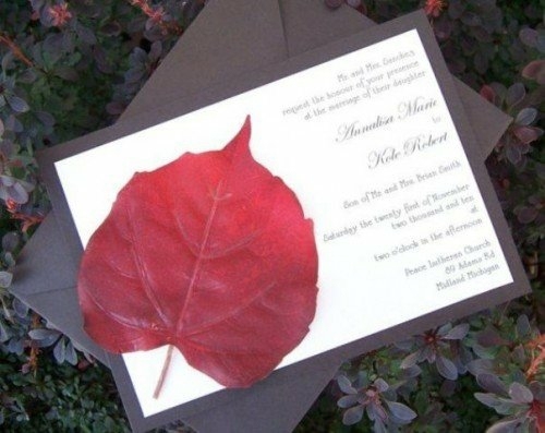 carte invitation mariage feuille rouge