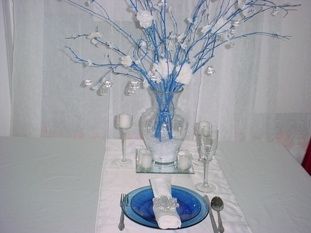 centre de table Noel branches bleues