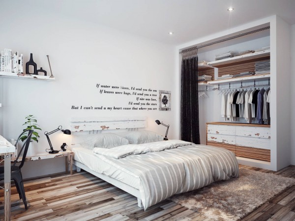 chambre à coucher contemporaine parquet bois armoire
