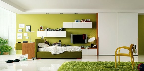 chambre chic vert blanc tapis armoire