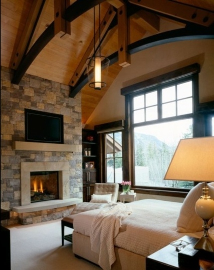 chambre coucher bois pierre cheminee
