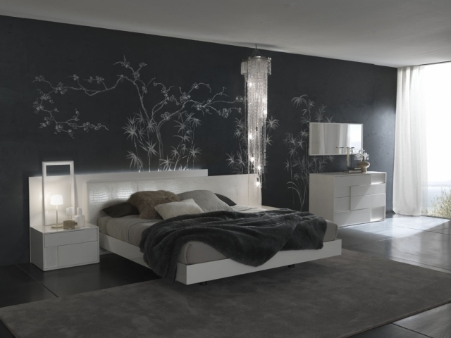chambre-coucher-moderne-mur-gris-déco-florale