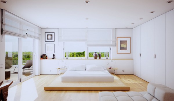 chambre design blanc minimal plateforme bois