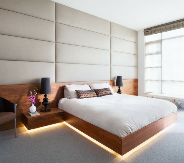 chambre lit flottant eclairage tapisse coussinet bois cadre fenetre
