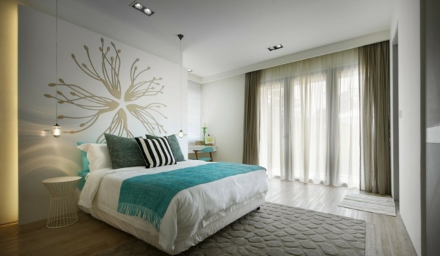 chambre luxe moderne design fenetre rideau application murale turquoise