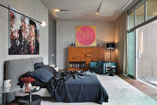 chambre moderne eclectique lampe fente plafond gris porte fenetre