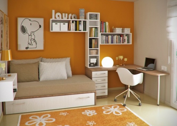 chambre orange ado bureau bois
