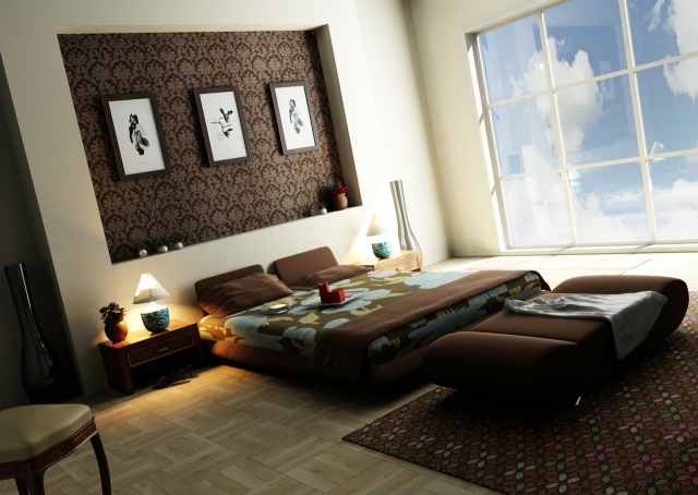 chambre-zen-idées-atmosphère-chambre-coucher-accents-marron-sombre-bleu-clair-parquet