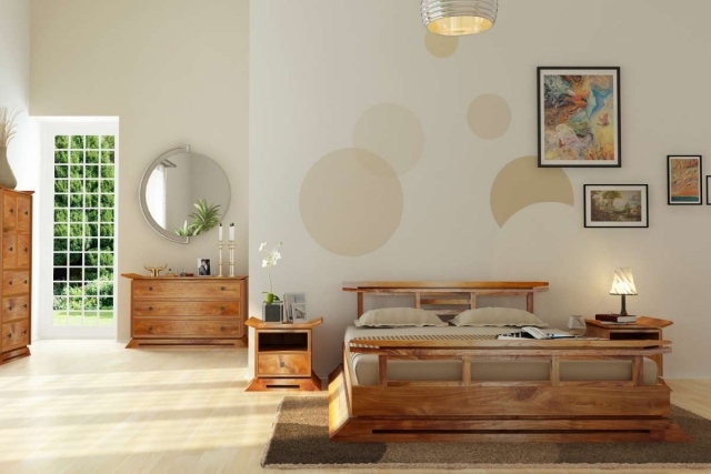 chambre-zen-idées-atmosphère-chambre-coucher-mobilier-bois-clair-tapis-marron-papier-pint-pois-beige