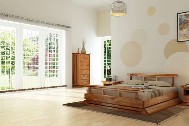 chambre-zen-idées-atmosphère-chambre-coucher-papier-peint-blanc-motifs-pois-beige-lit-bois