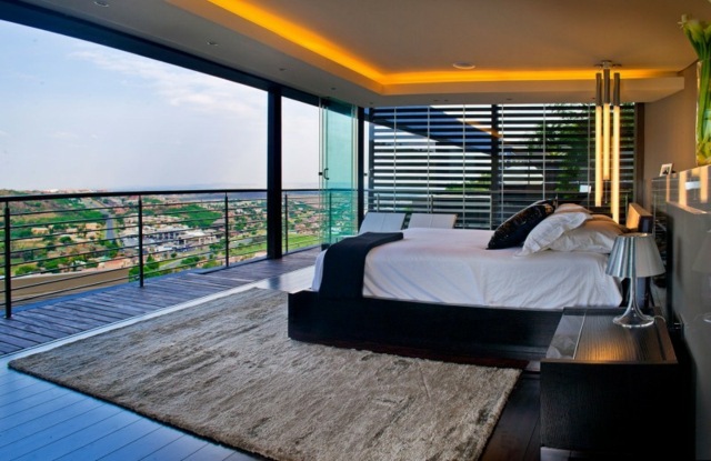 chambres coucher design luxe ouvert rembarde paroi verre paysage lit double
