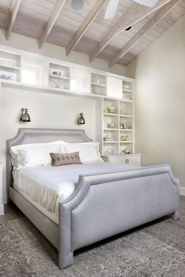 chambres coucher lit double satin gris blanc toit chevron eclaire