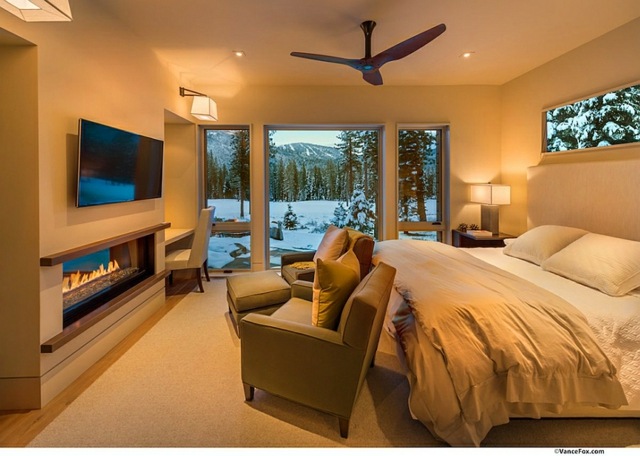 chambres coucher luxe moderne design cheminee lit vue neige pin ventilateur