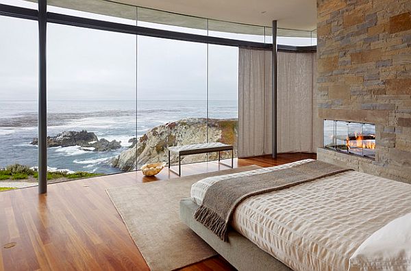 cheminee angle chambre moderne design exterieur paysage bord mer vitre pierre