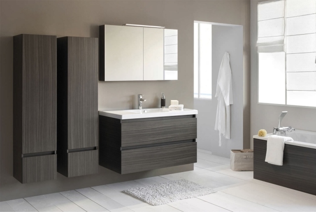 colonne-salle-bains-bois-sombre-élégantes-miroir-baignoire-revêtement-aspect-bois colonne salle de bains
