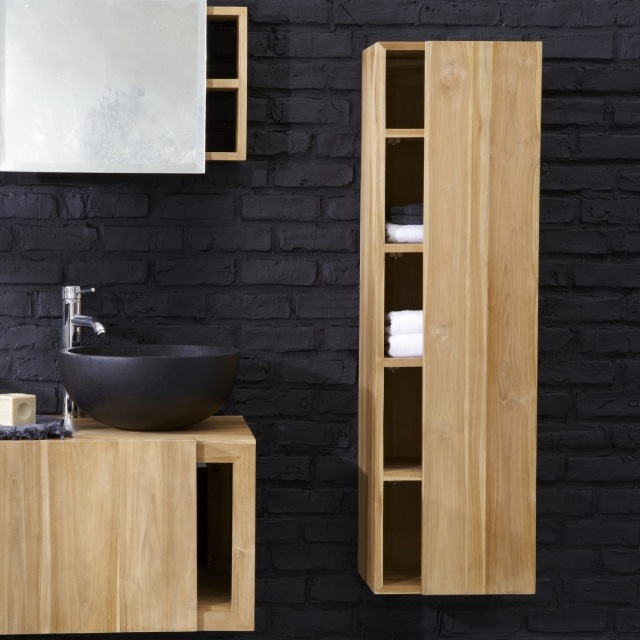 colonne-salle-bains-briques-noires-bois-design-épuré-vasque-noir colonne salle de bains