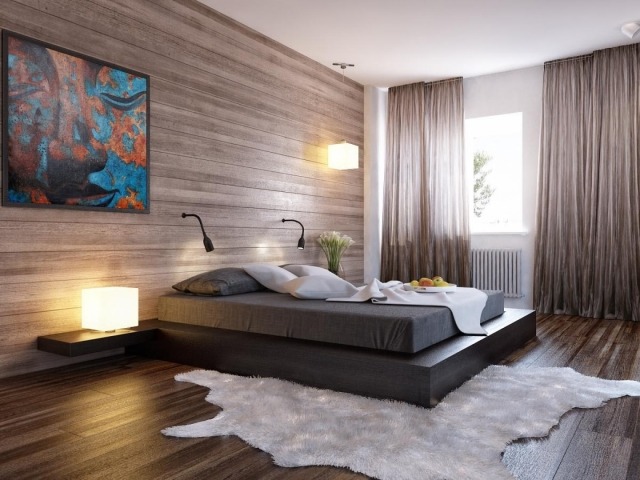couleur-chambre-coucher-combinaisons-matelas-gris-rideaux-fins-marron-clair-revêtement-sol-mural-aspect-bois couleur chambre