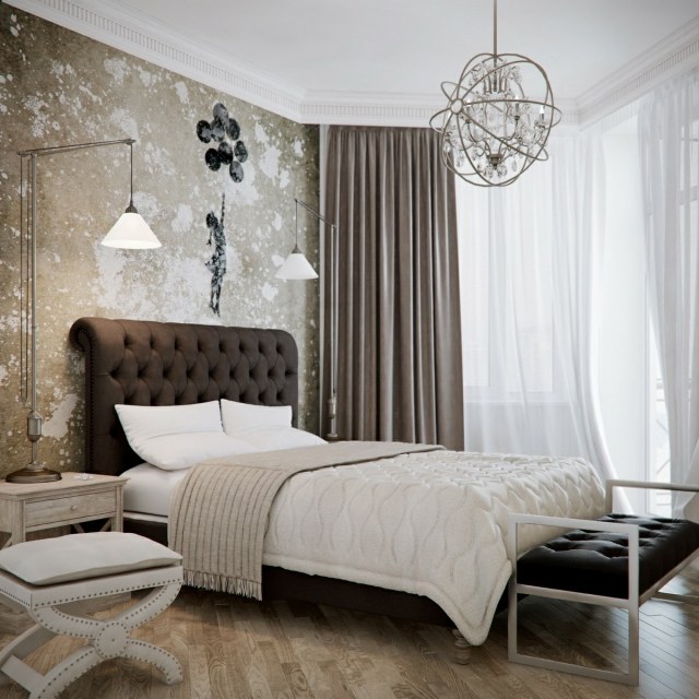 couleur chambre couleur-chambre-coucher-combinaisons-tête-lit-tapissée-chocolat-rideaux-beige-tabouret-blanc