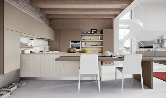 cuisine-contemporaine-mobilier-bois-clair-élégant-chaises-blanches-plafond-française cuisine contemporaine