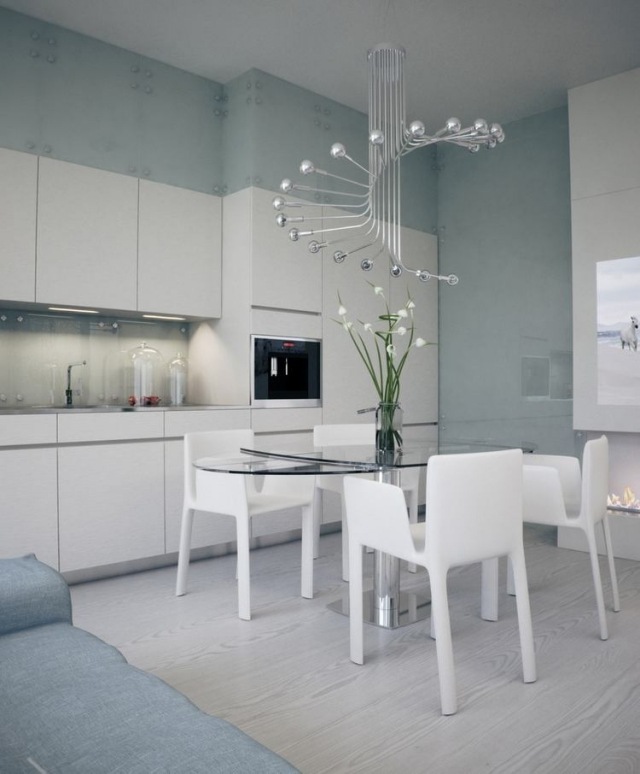 cuisine-contemporaine-murs-bleu-pâle-mobilier-blanc-lustre-élégant cuisine contemporaine
