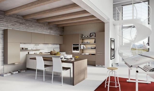 cuisine-contemporaine-plafond-française-chaises-blanches-armoires-bois-clair-tapis-rouge cuisine contemporaine