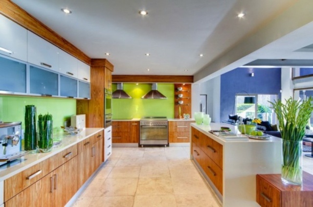 cuisine interieur moderne design vert bois bleu ilot