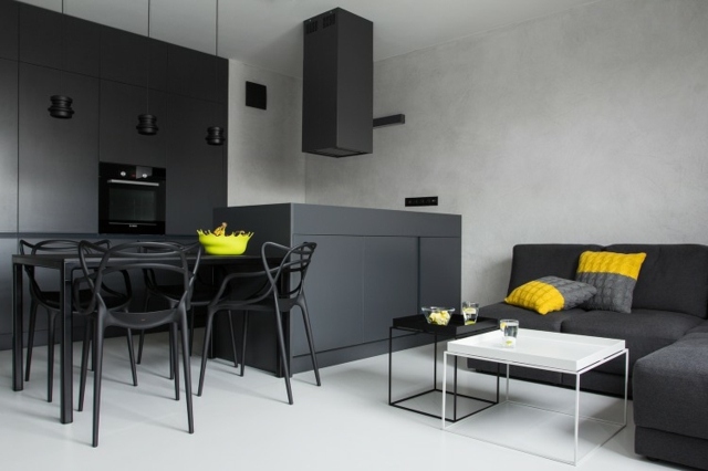 cuisine salle manger moderne hotte suspendu noir coussin chaise-tige fer