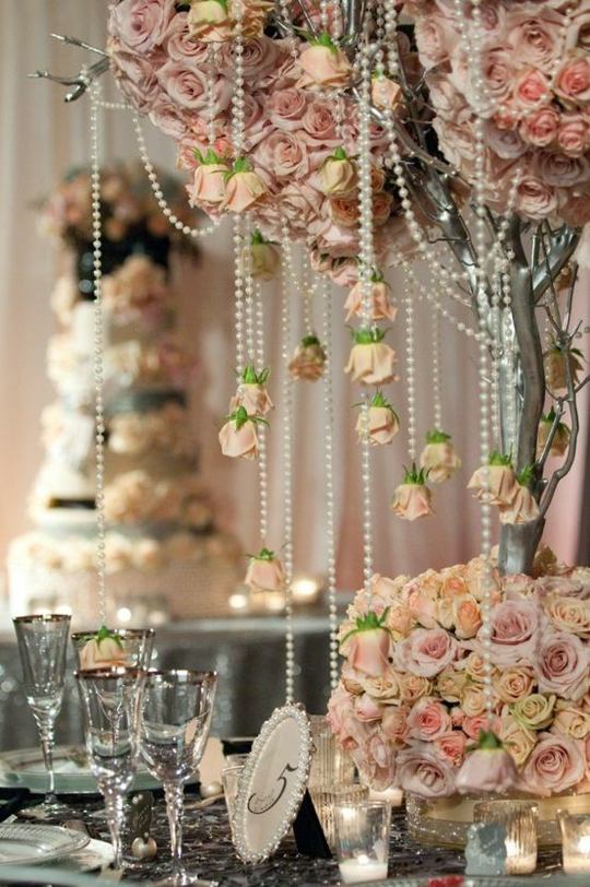 deco table fleurs perles
