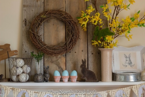 décor rustique fleurs lapins pâques