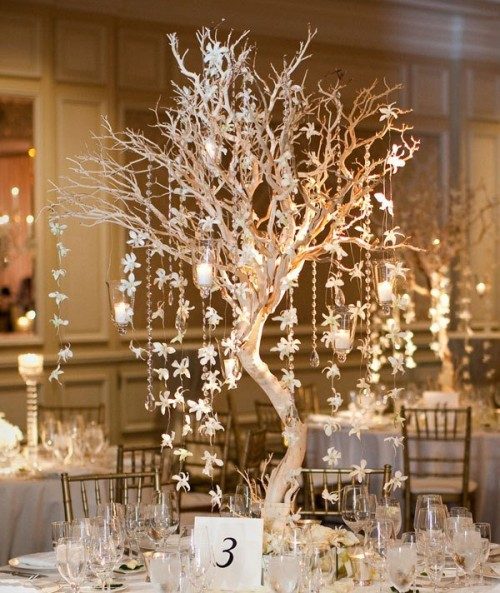decoration table mariage hiver branche suspension orchidee